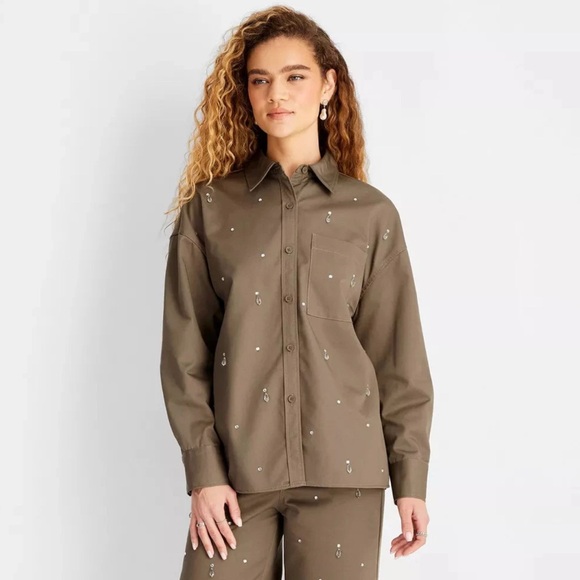 Future Collective Women's Olive Holiday Embellished Twill Shacket Size XL - Picture 1 of 9